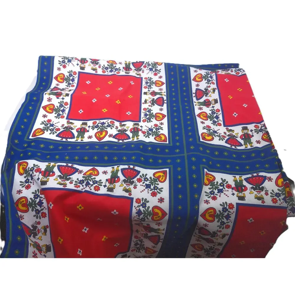 Vintage Kolf Austrian Folklore Cotton Tablecloth 59x79 Red Navy Blue Folk Art